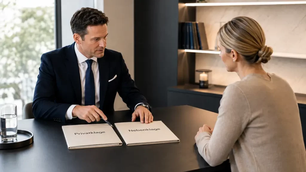 Bei bestimmten Delikten kann man sich als Verletzter der von der Staatsanwaltschaft erhobenen Klage als Nebenklägerin anschließen, um an der Hauptverhandlung teilzunehmen. Alternativ kann man bei Bagatelldelikten, bei denen die Staatsanwaltschaft keine Klage erhebt, Privatklage einreichen, was jedoch selten vorkommt, auch aufgrund der finanziellen Hürde der Gebührenvorschüsse.